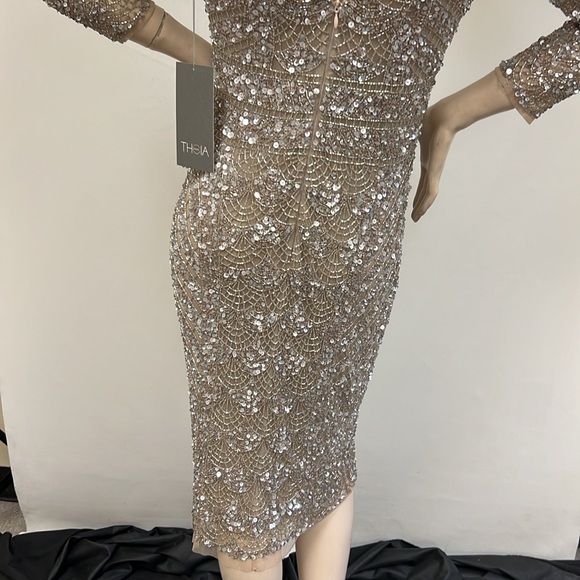 Theia fully beaded long sleeves V-Back midi dress - Picture 9 of 13
